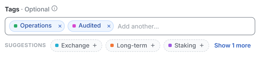 The Tags field of the wallet form, with two tags and the Suggestions row