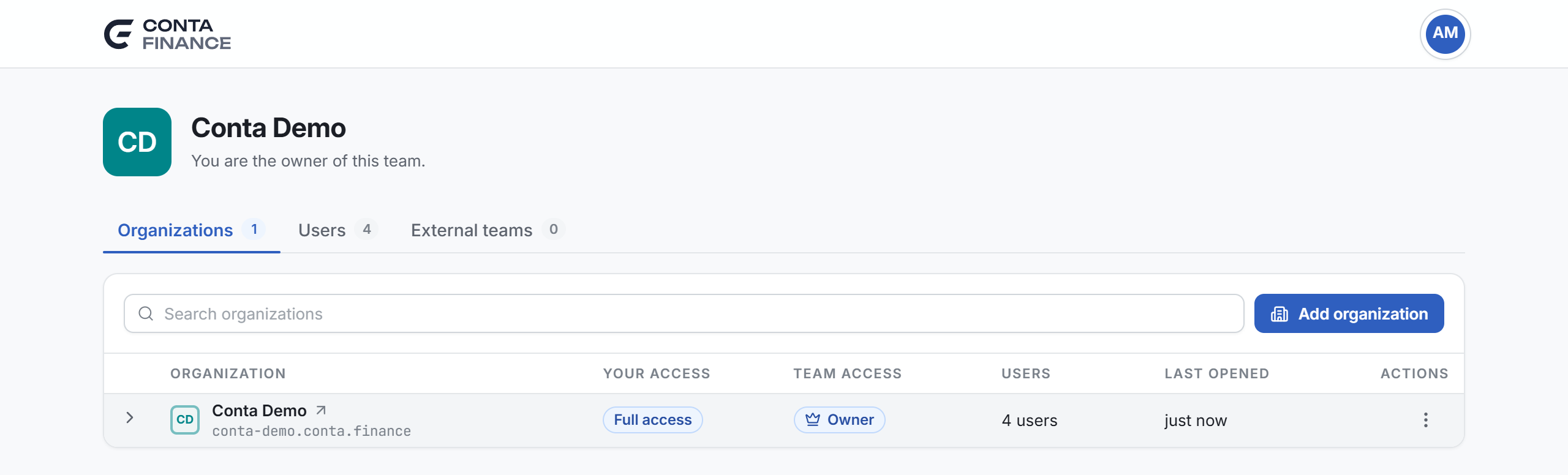 The Organizations tab of the team page, with the pointer on an organization and its Open button