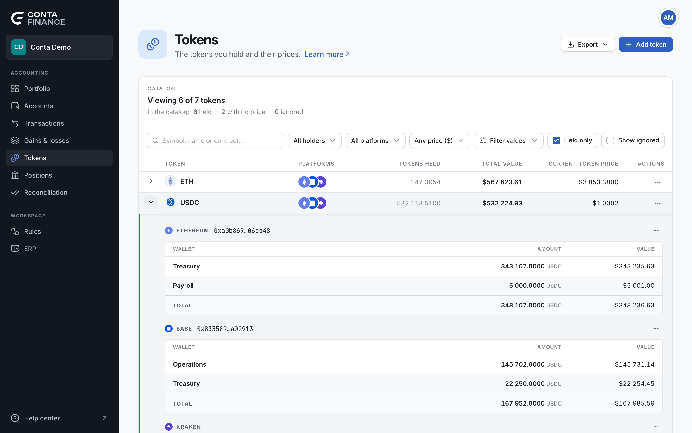 The Tokens page with the tally, the toolbar and a token expanded to its platforms and holders