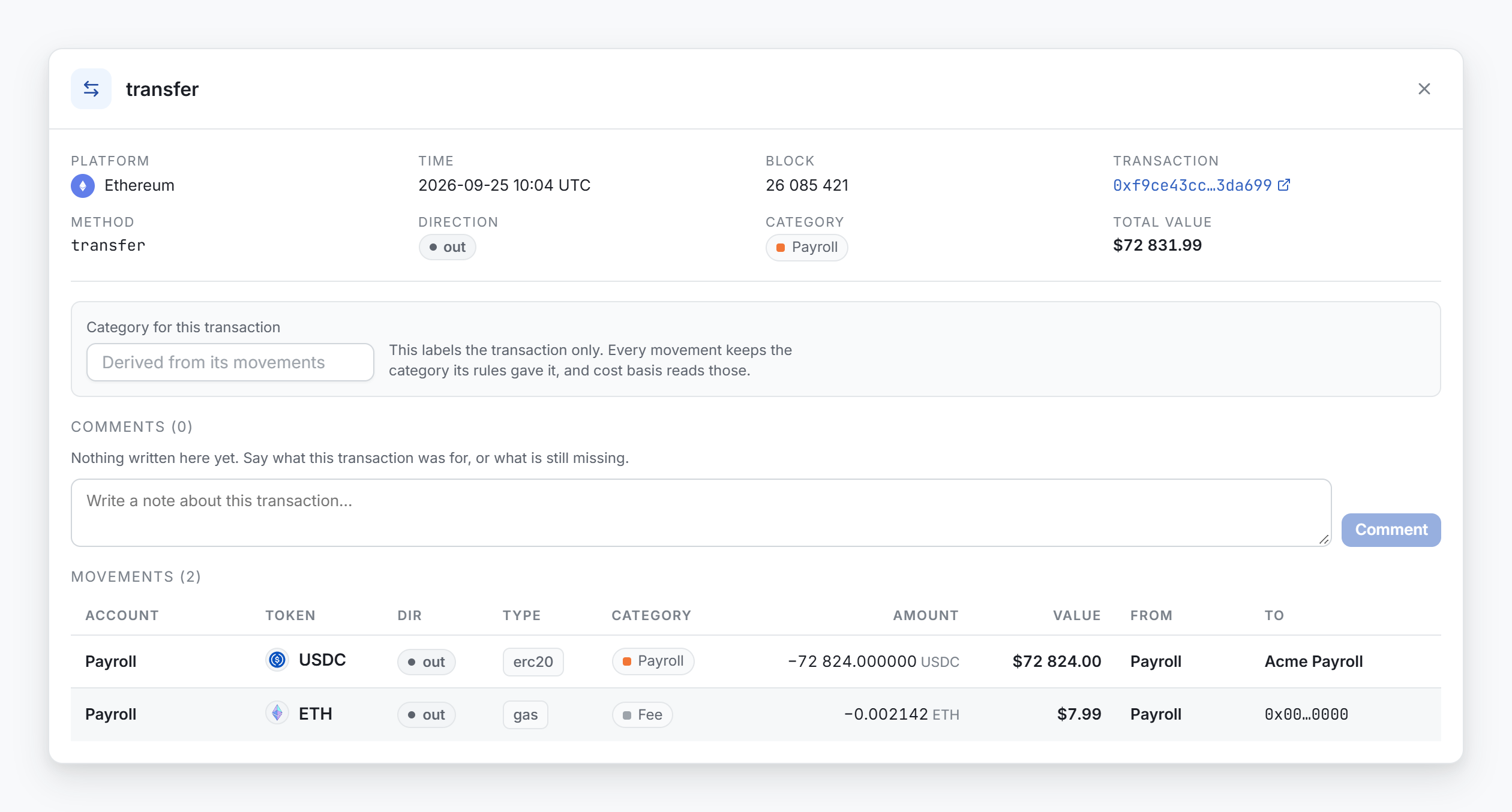 The transaction details window with the facts, the category field, the comments and the movements table