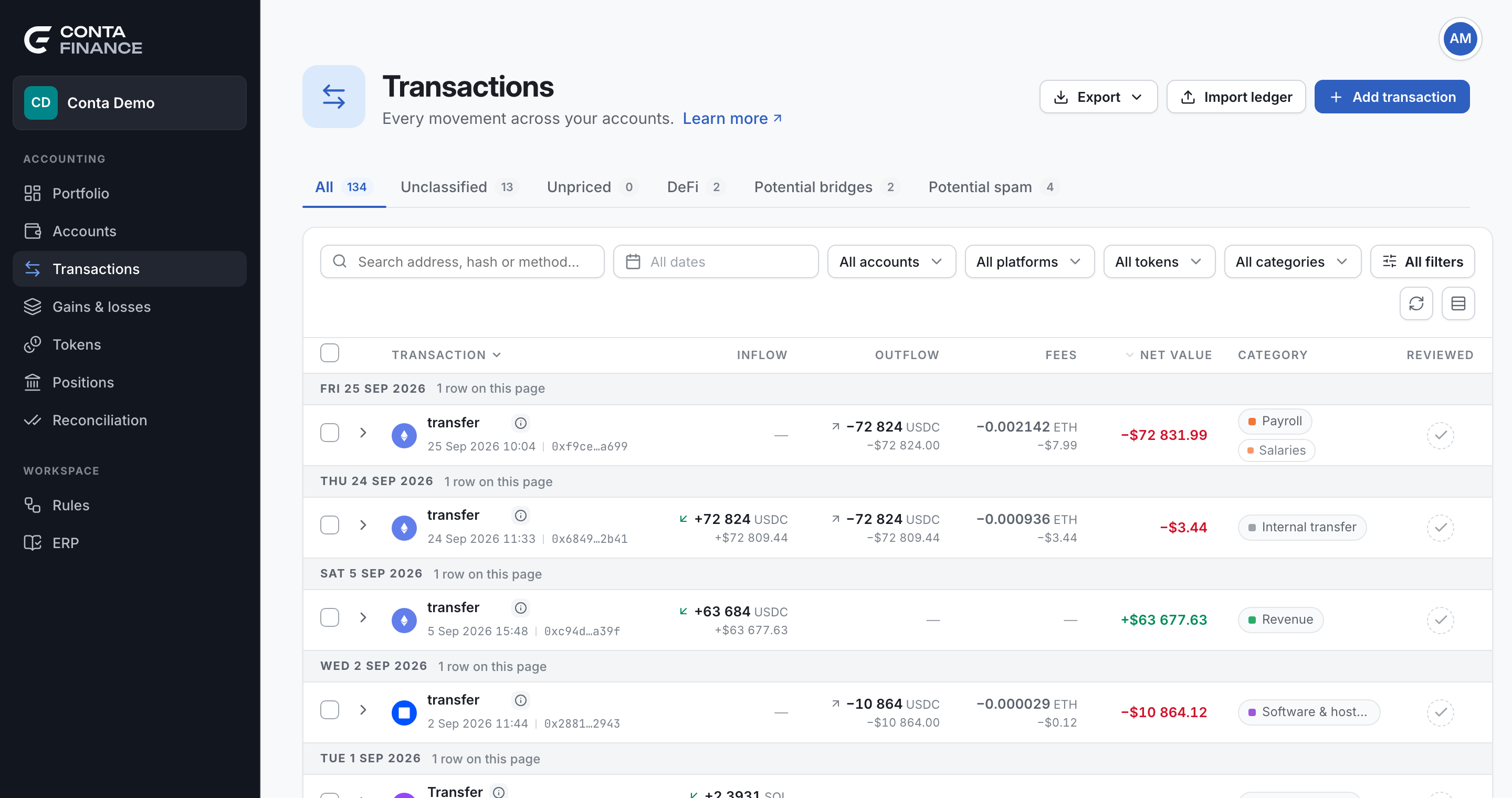 The Transactions page with the header actions, the working views, the toolbar and the first rows of the table