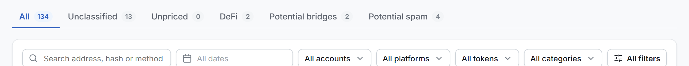 The views of the Transactions page, with Unclassified and Unpriced, above the toolbar