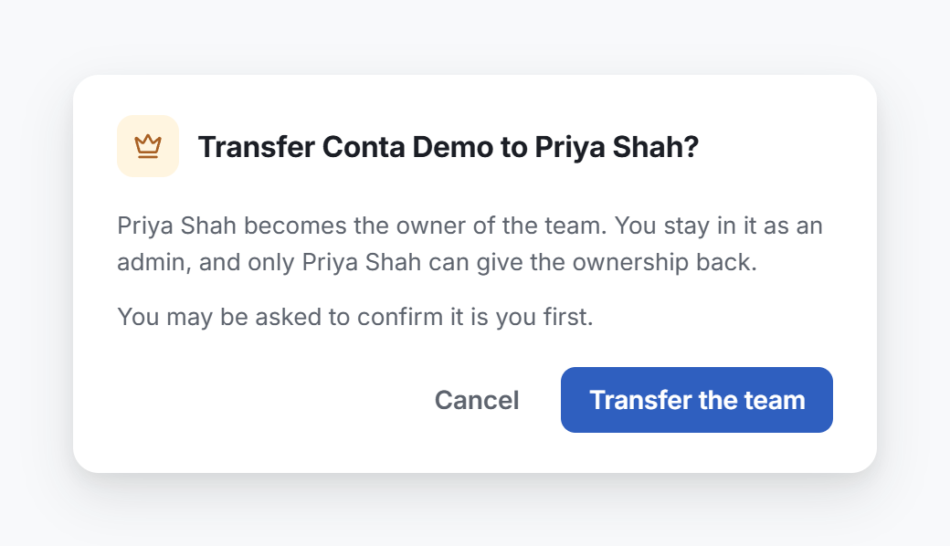 The window that asks to transfer the team to a person, with the Transfer the team button