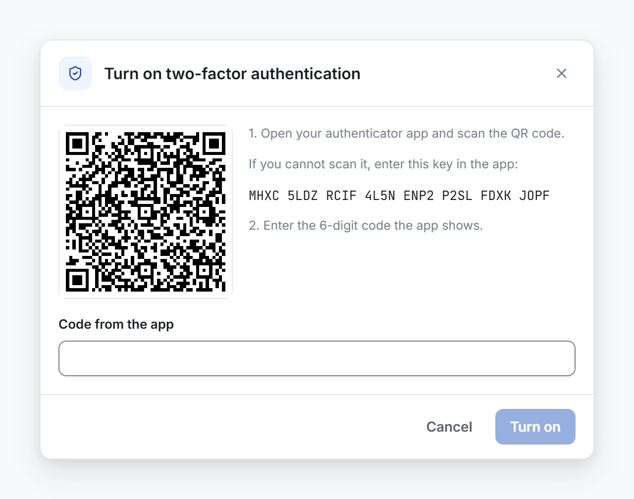 The Turn on two-factor authentication window, with the QR code and the field for the code