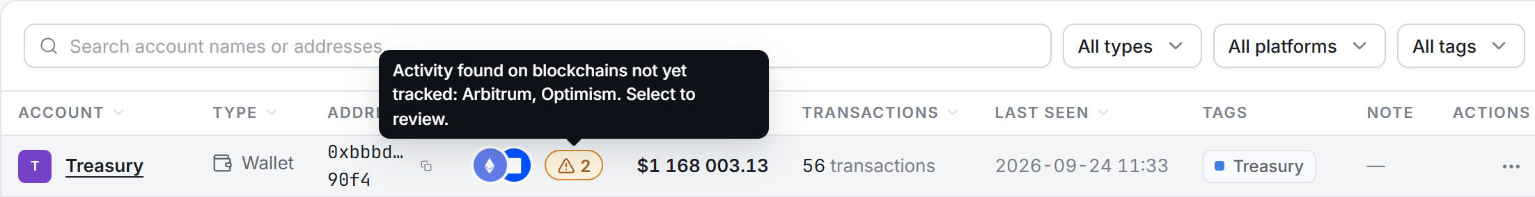 An account row on the Accounts page with the amber untracked-activity badge after its platform marks, and its tooltip naming the blockchains